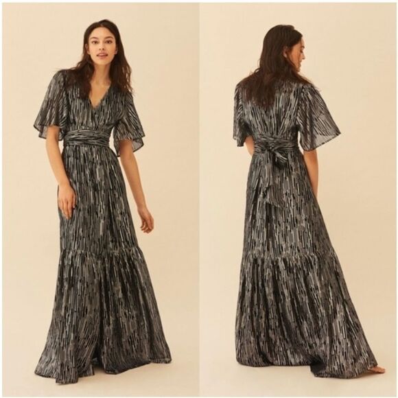 Ba&sh Nixon Metallic Silk Blend Empire Gown size small Black gold- Repaired - Picture 2 of 16